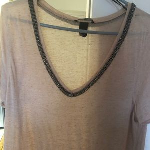 H&M Linen Blend Shirt, rhinestone collar detail, L